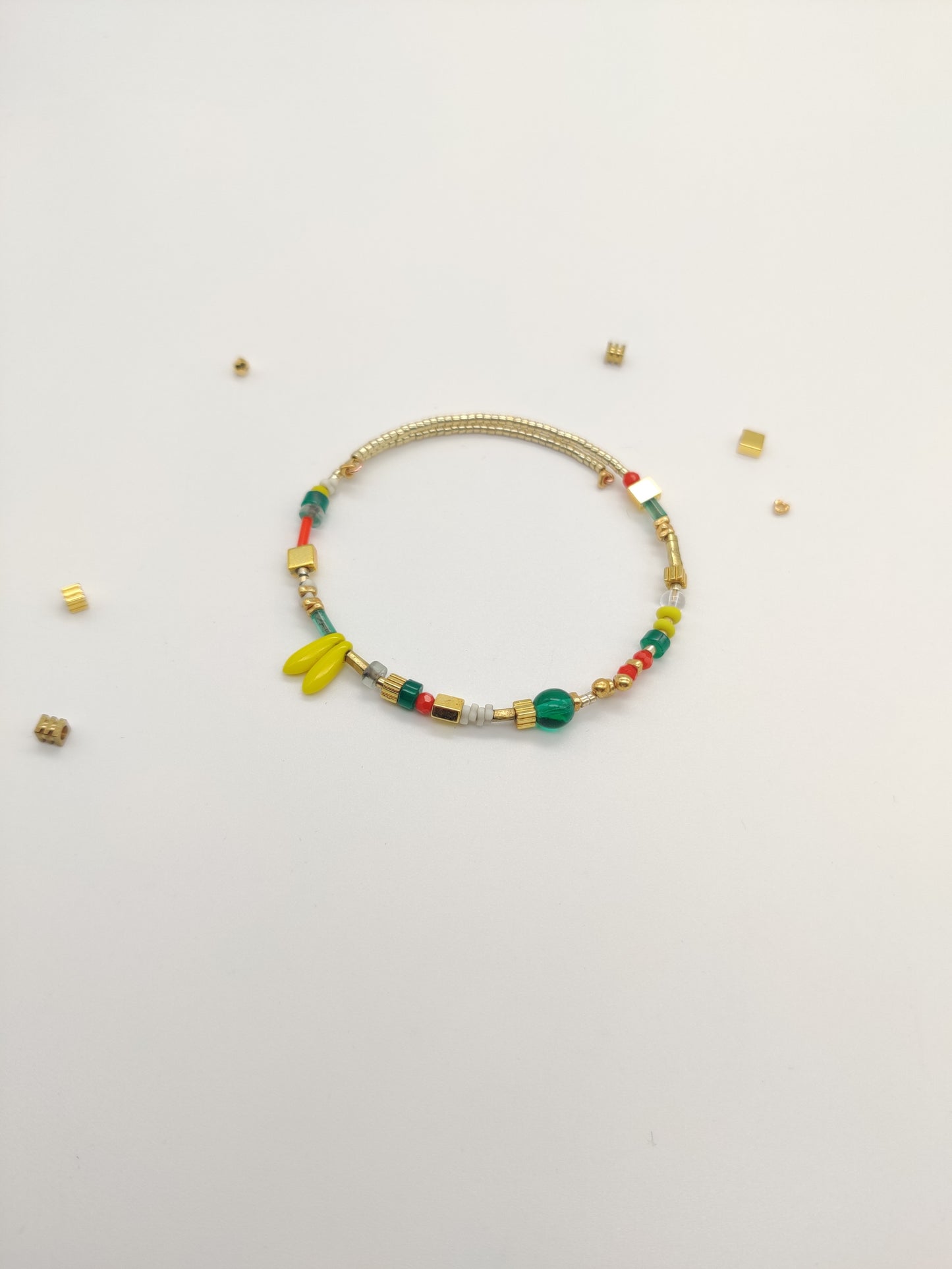 Bracelet perles de verre émeraude jaune orange doré