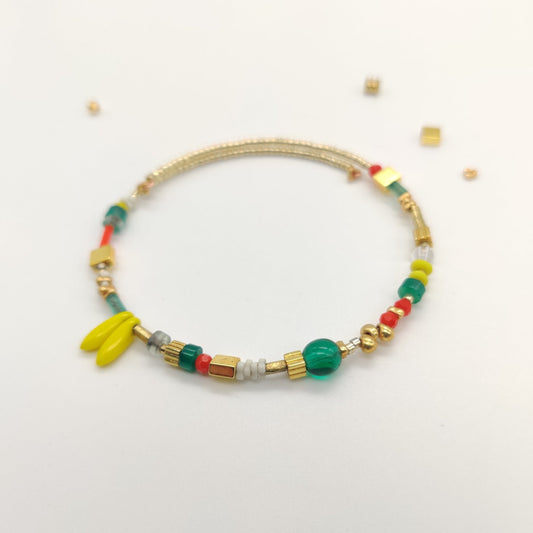 Bracelet perles de verre émeraude jaune orange doré