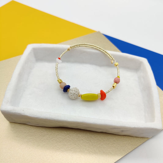 Bracelet perles de verre orange bleu jaune doré